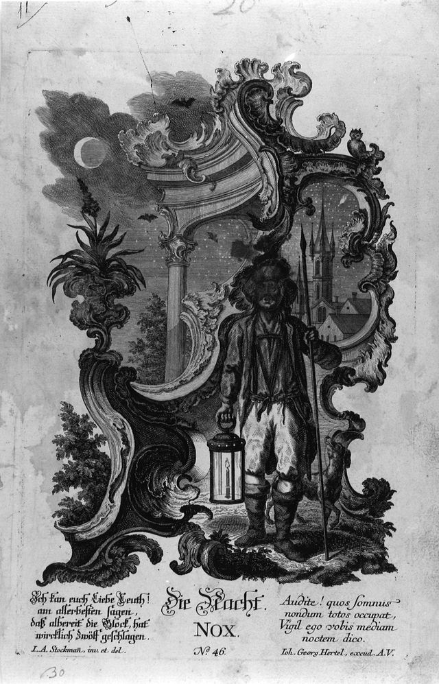 La Notte, scena allegorica (stampa, serie) di Stockmann Johann Adam, Thelott Jacob Gottlieb (secondo quarto XVIII)