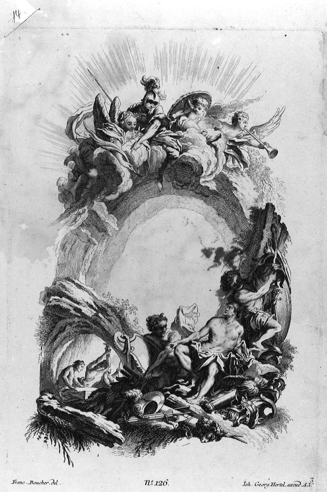 La Fucina di Vulcano (?), allegoria della guerra (stampa, serie) di Boucher Francois (seconda metà XVIII)