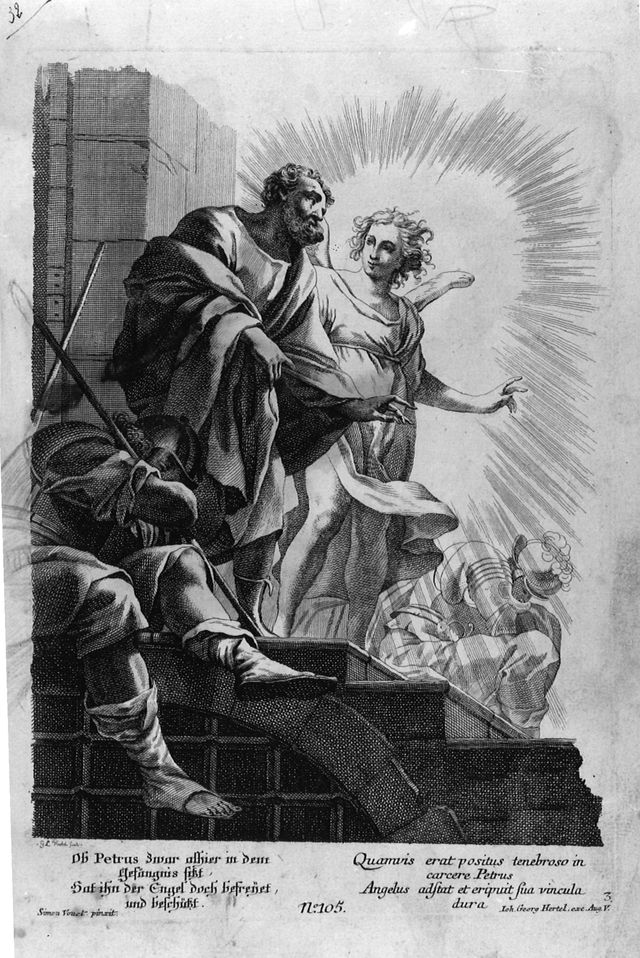 Liberazione di S. Pietro dal carcere, San Pietro liberato dal carcere da un angelo (stampa, serie) di Vouet Simon, Hertel Georg Leopold (metà XVIII)