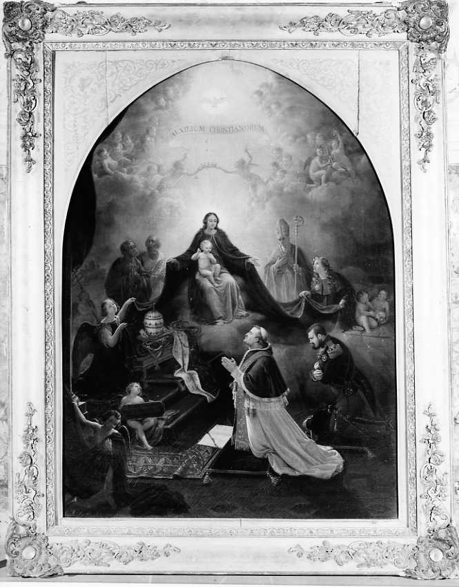 Papa Pio IX e Ferdinando II che pregano inginocchiati davanti alla Madonna col Bambino (dipinto) di La Barbera Carlo (sec. XIX)