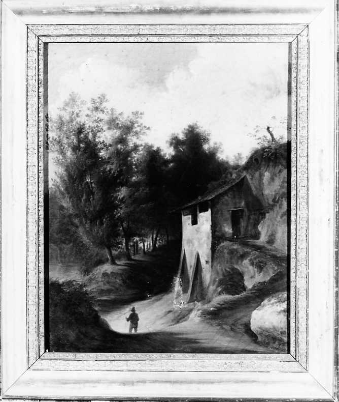 Paesaggio con casa rustica e viandante, paesaggio con architettura e figura (dipinto, opera isolata) di Messina Giuseppe (sec. XIX)