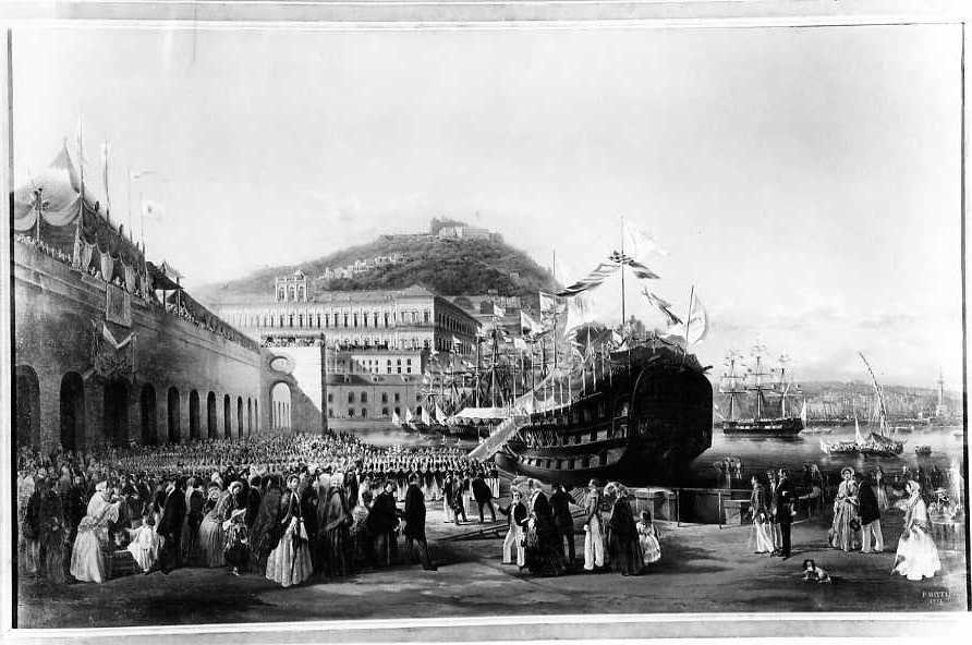 Inaugurazione del bacino di raddobbo il 15 agosto 1852, Varo di un vascello nel bacino di Napoli (titolo precedente), Veduta di porto con nave e figure (dipinto) di Mattei Pasquale (terzo quarto sec. XIX)