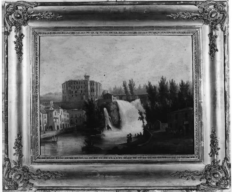 Paesaggio con architettura e cascata, Paesaggio con cascata d'acqua (titolo precedente), paesaggio con cascata (dipinto, opera isolata) di Acquaviva Teresa (fine/ inizio secc. XVIII/ XIX)