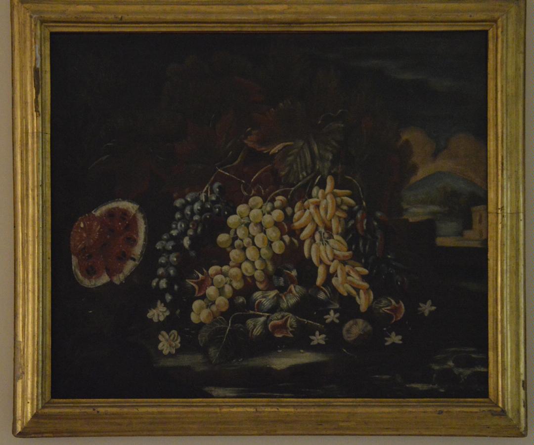 Natura morta con uva, anguria e paesaggio, natura morta con frutta e paesaggio (dipinto, opera isolata) - ambito napoletano (fine sec. XVIII)