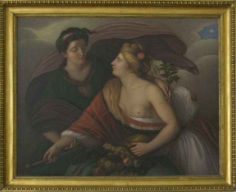 Il genio dei Savoia guida l'Italia, Allegoria di due casate (titolo precedente), Allegoria con due figure femminili (dipinto, opera isolata) - ambito campano (sec. XIX)