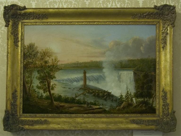 Paeasggio con cascata e faro, paesaggio con cascata (dipinto, pendant) - ambito campano (fine sec. XVIII)