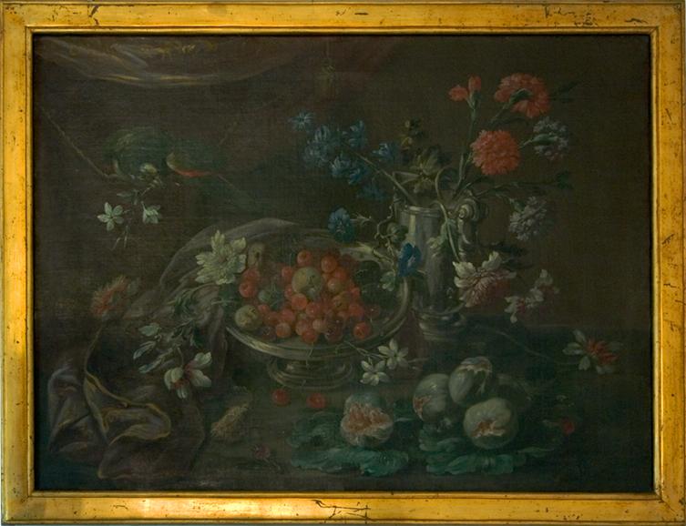 Natura morta con fiori, frutta e un uccello, natura morta con fiori, frutta e un uccello (dipinto, opera isolata) - ambito napoletano (seconda metà sec. XVIII)