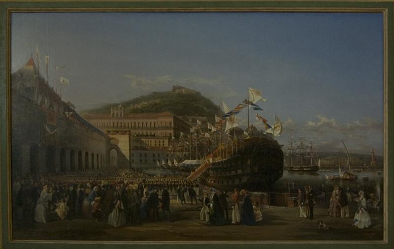 Inaugurazione del bacino di raddobbo il 15 agosto 1852, Varo di un vascello nel bacino di Napoli (titolo precedente), Veduta di porto con nave e figure (dipinto) di Mattei Pasquale (terzo quarto sec. XIX)