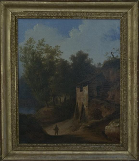Paesaggio con casa rustica e viandante, paesaggio con architettura e figura (dipinto, opera isolata) di Messina Giuseppe (sec. XIX)