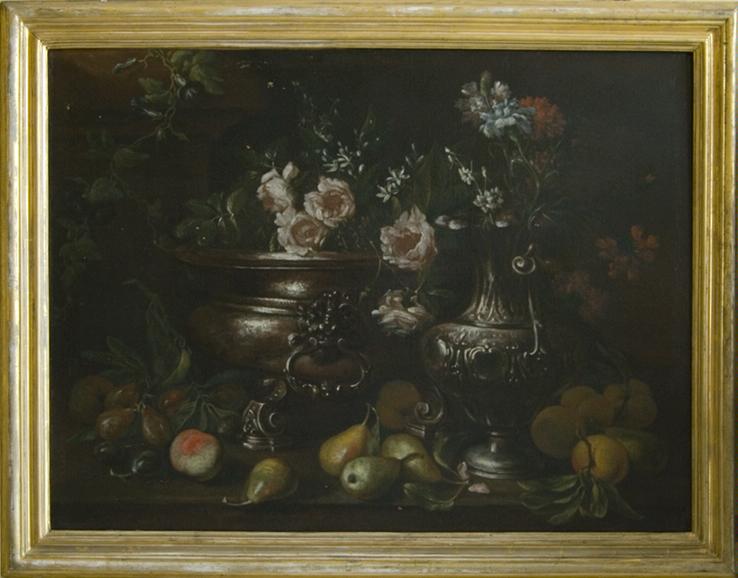 Natura morta con fiori, cesta e frutta, natura morta (dipinto, opera isolata) di Realfonso Tommaso detto Masilio (attribuito) (prima metà sec. XVIII)