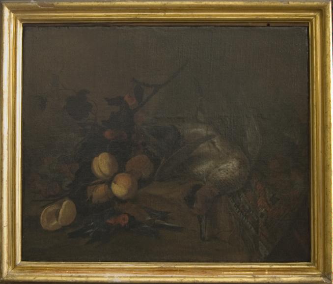 Natura morta con frutta, anatra e uccelli morti, natura morta (dipinto, opera isolata) di Gryef A (attribuito) (fine/ inizio sec. XVII/sec. XVIII)