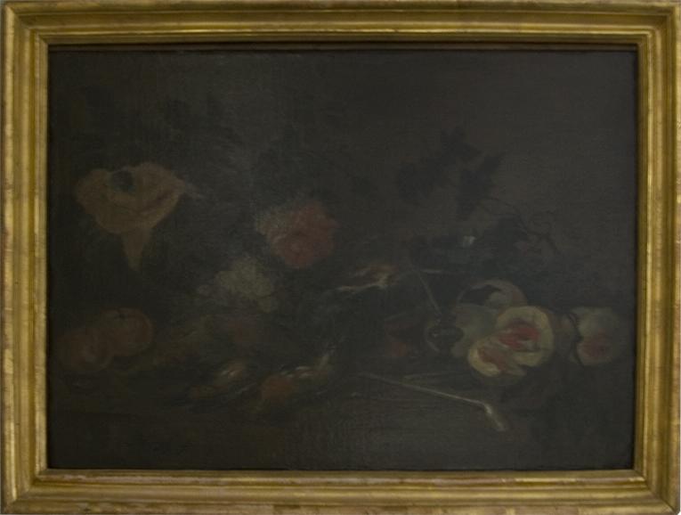 Natura morta con fiori e frutta, natura morta (dipinto, opera isolata) di Gryef A (secc. XVII/ XVIII)