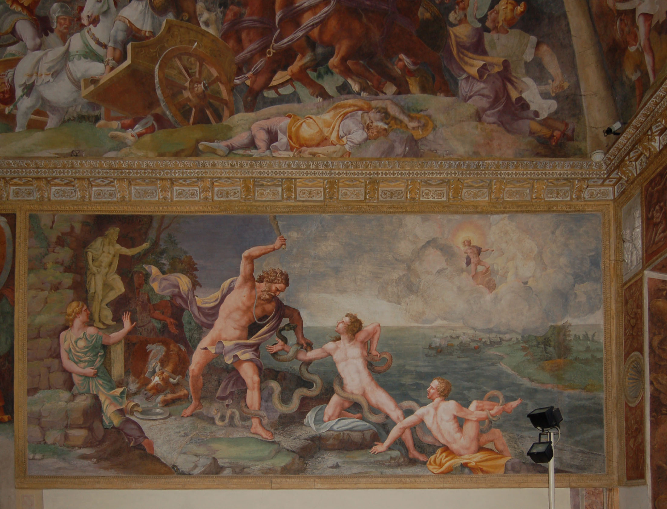 Laocoonte e i figli strangolati da due serpenti (dipinto murale) di Giulio Romano, Rinaldo Mantovano (attribuito) (secondo quarto sec. XVI)