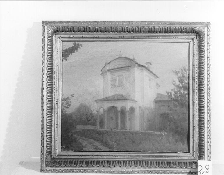 Serenità crepuscolare, Veduta di edificio sacro con porticato (dipinto) di Pizio Oreste (primo quarto sec. XX)