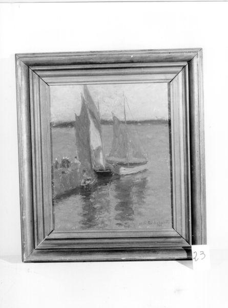 Barche a vela, marina con pescatori e barche (dipinto) di Goldschmedt Alide (sec. XX)