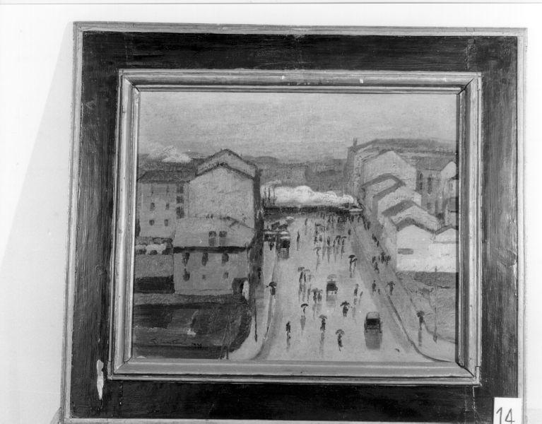 Il treno, Veduta di strada cittadina (dipinto) di Lentini Giovanni (sec. XX)
