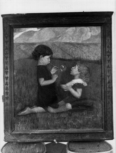 Bolle di sapone, bambine che giocano (dipinto) di Mattielli Adolfo (sec. XX)