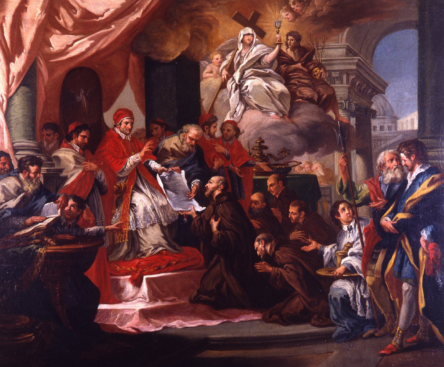 Urbano VI approva la regola del beato Pietro Gambacorti, Beato Pietro Gambacorti e Papa Urbano VI (dipinto) di Conca Sebastiano (secondo quarto sec. XVIII)