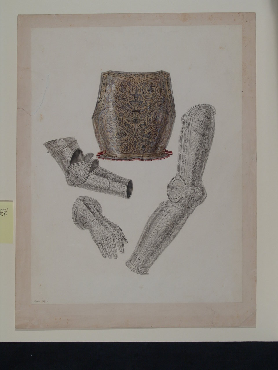 Armatura Martinengo: schiena, bracciale, manopola e gambiera, armature (disegno, elemento d'insieme) di Ayres Pietro di Cagliari (prima metà sec. XIX)