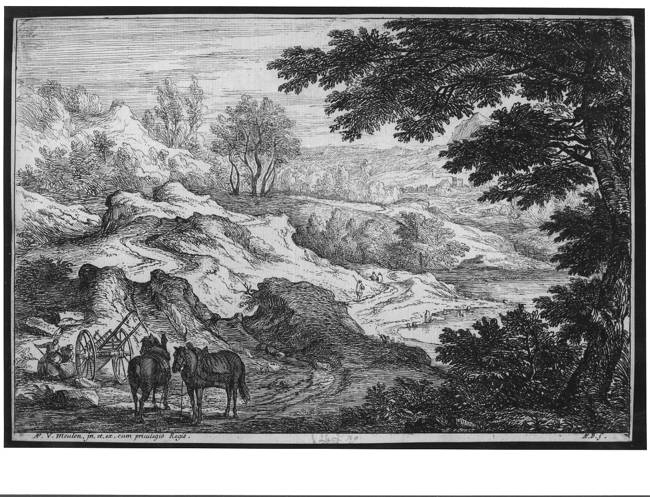 Paese con carro e cavalli, paesaggio con figure e animali (stampa) di Van der Meulen Adam Frans (seconda metà sec. XVII)