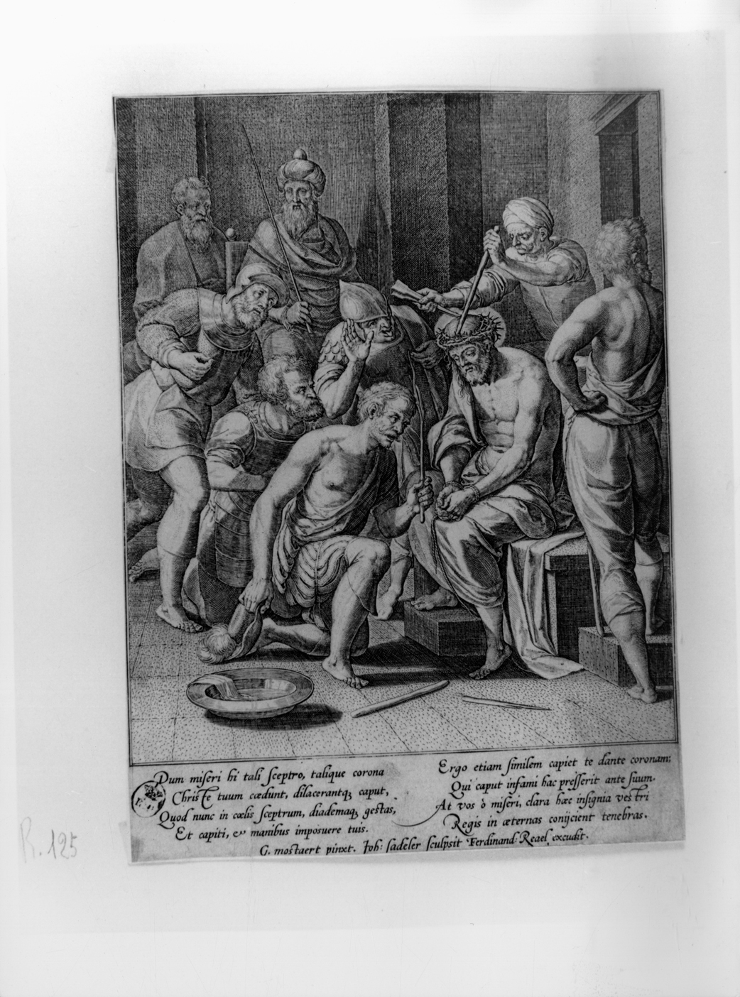 Gesù incoronato di spine, incoronazione di spine (stampa smarginata) di Mostaert Gillis il Vecchio, Sadeler Johan I - ambito fiammingo (seconda metà sec. XVI)
