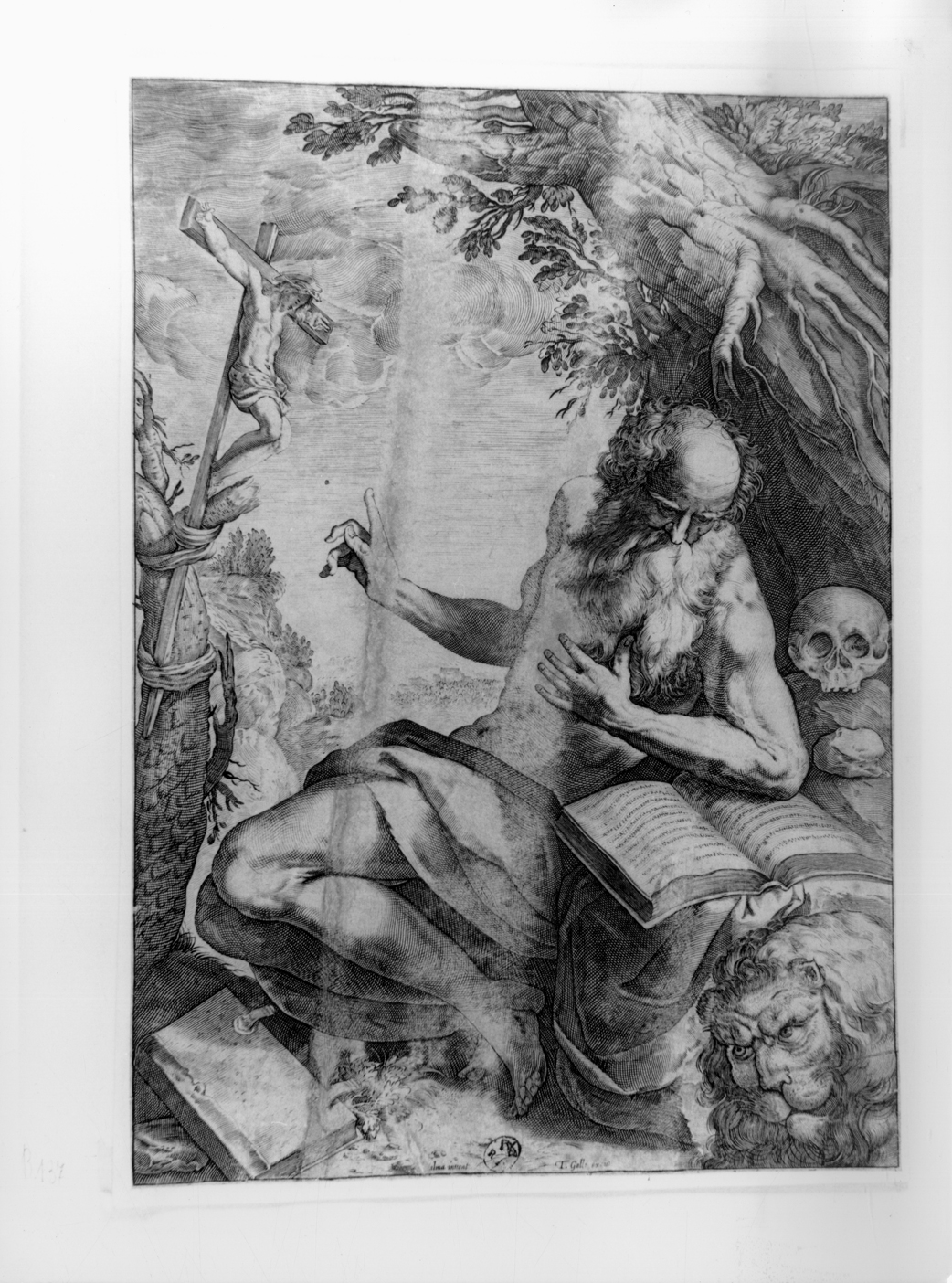 San Girolamo nel deserto, San Girolamo nel deserto (stampa smarginata) di Negretti Jacopo detto Palma il Giovane, Goltzius Hendrik, Galle Theodor - ambito veneto, ambito olandese, ambito fiammingo (prima metà sec. XVII)