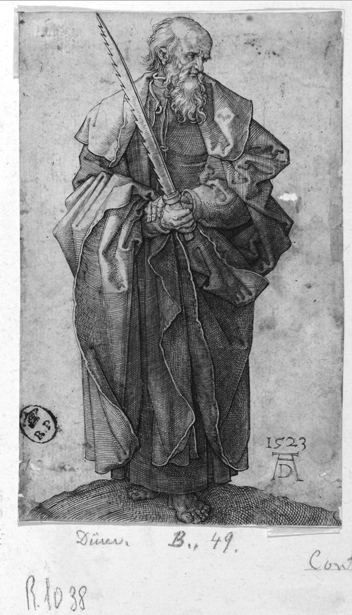 San Simone Apostolo, San Simone Apostolo (stampa smarginata) di Durer Albrecht - ambito tedesco (primo quarto sec. XVI)
