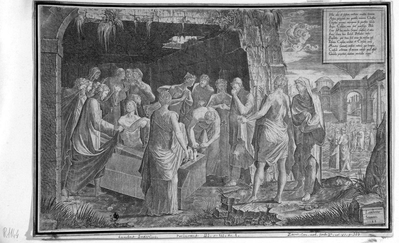 La resurrezione di Lazzaro, resurrezione di Lazzaro (stampa smarginata) di Lombard Lambert - ambito fiammingo (secondo quarto sec. XVI)