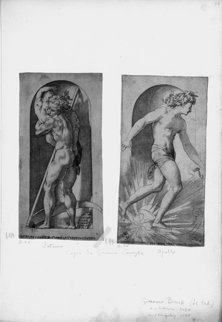 Saturno, Saturno (stampa smarginata) di Binck Jakob, Caraglio Gian Giacomo, di Jacopo Giovan Battista detto Rosso Fiorentino - ambito tedesco, ambito fiorentino (prima metà sec. XVI)