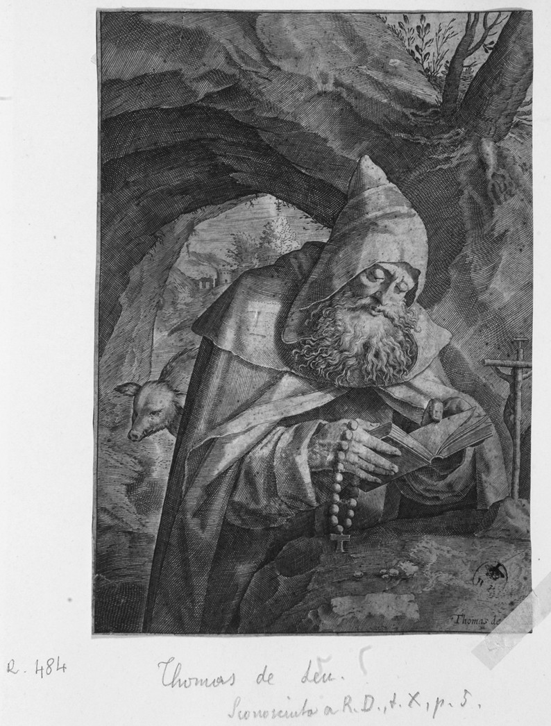 Sant'Antonio Abate, Sant'Antonio Abate (stampa smarginata) di de Leu Thomas - ambito francese (primo quarto sec. XVII)