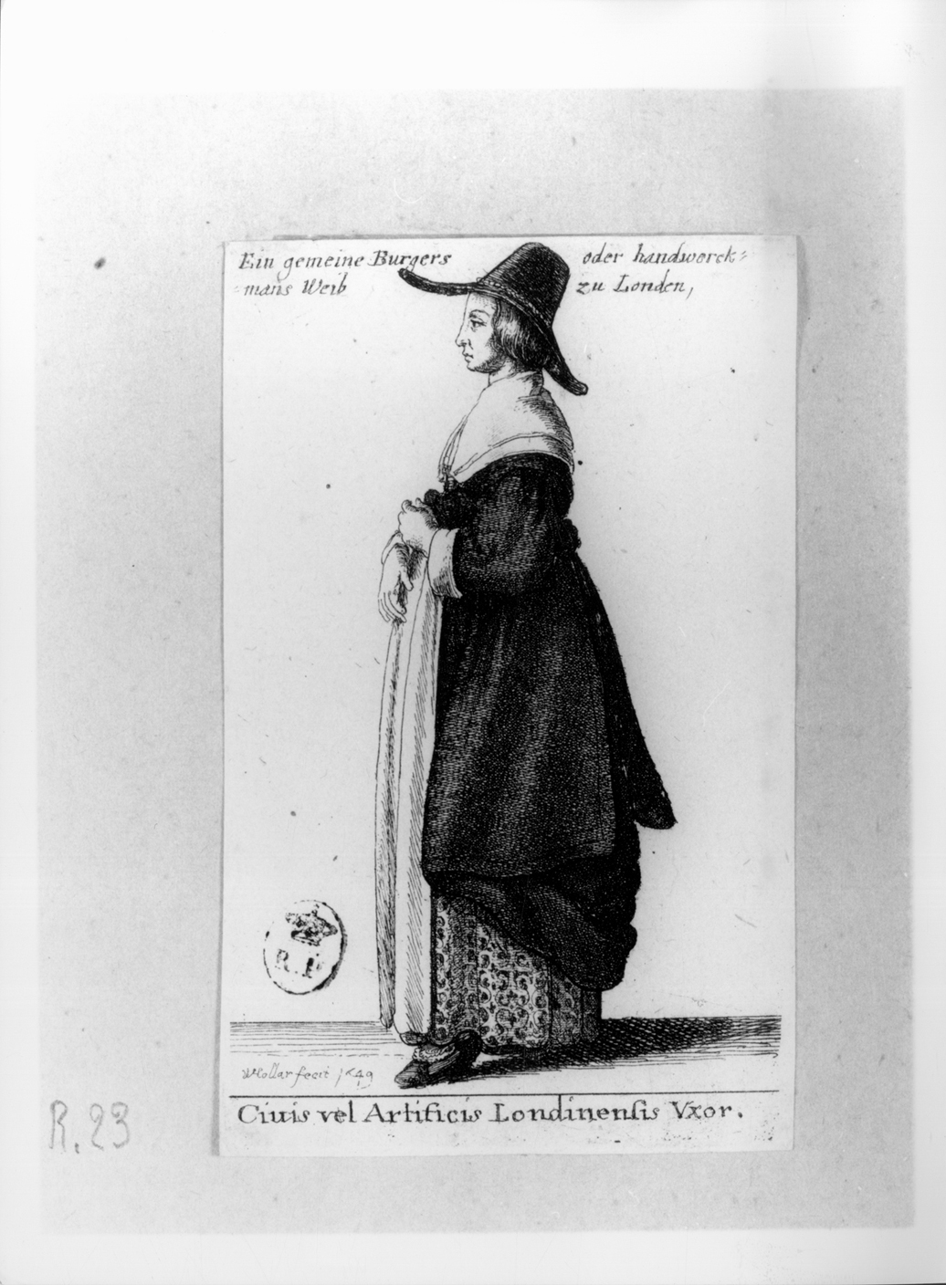 Civis vel Artificis Londinensis Uxor, figura femminile in costume londinese (stampa smarginata, serie) di Hollar Wenzel (secondo quarto sec. XVII)