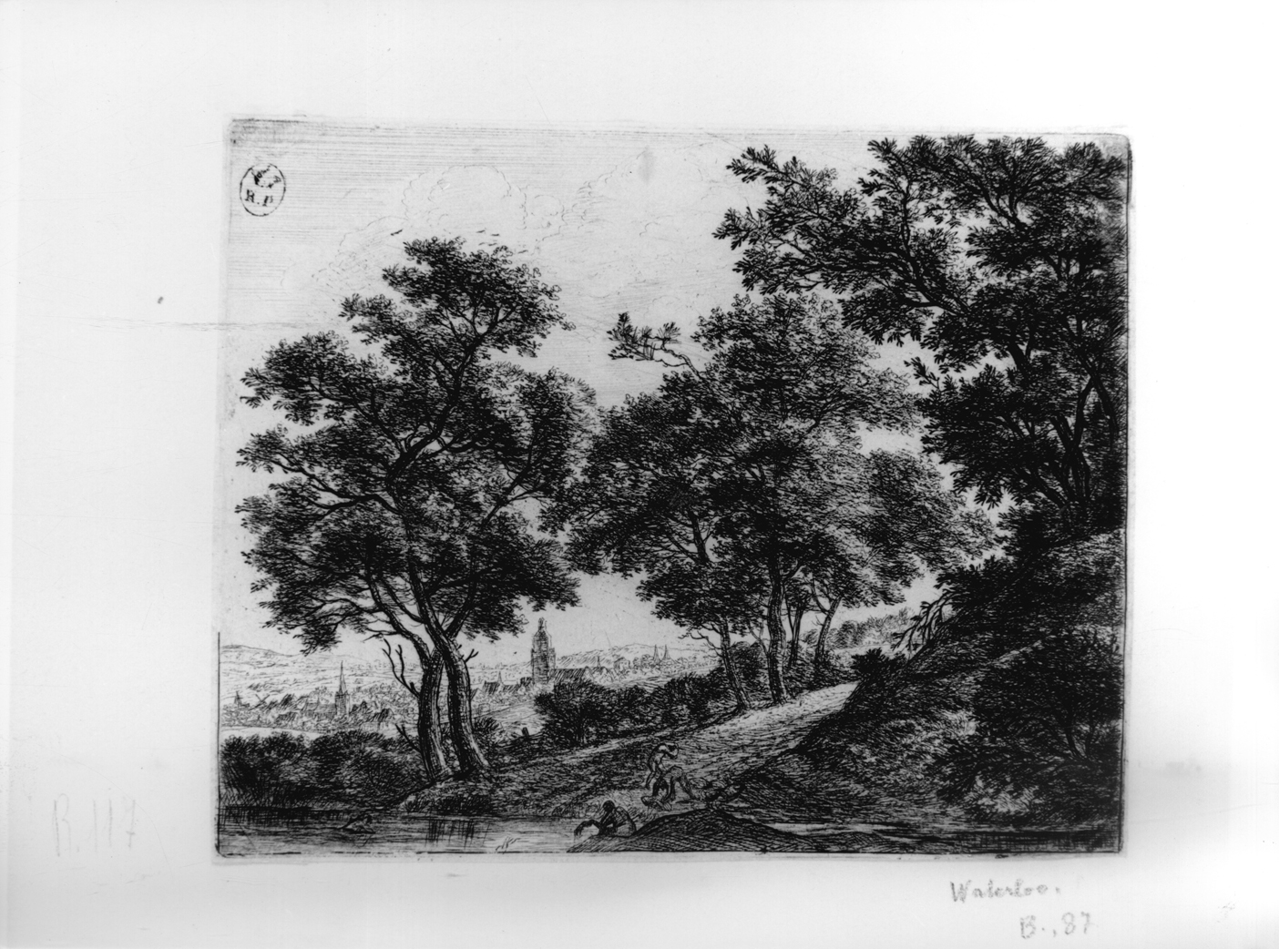 I bagnanti, paesaggio con ruscello e figure (stampa smarginata, elemento d'insieme) di Waterloo Anthonie (metà sec. XVII)