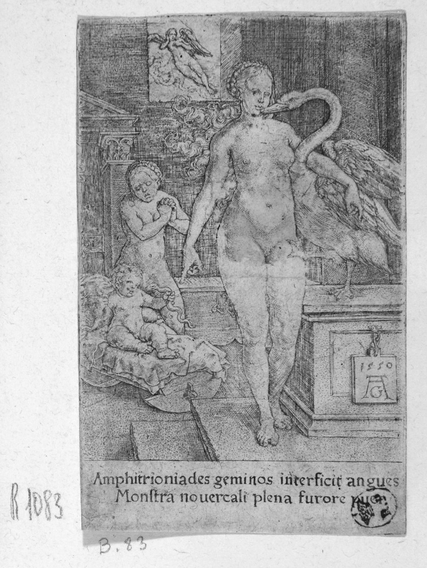 Leda col cigno ed Ercole bambino, Ercole bambino soffoca i serpenti (stampa smarginata, serie) di Aldegrever Heinrich (metà sec. XVI)