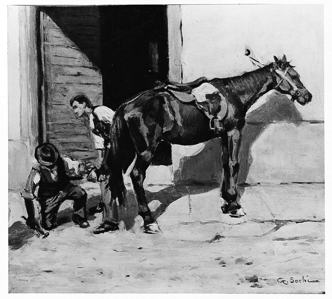 maniscalchi ferrano un cavallo (dipinto) di Sorbi Giulio (prima metà sec. XX)