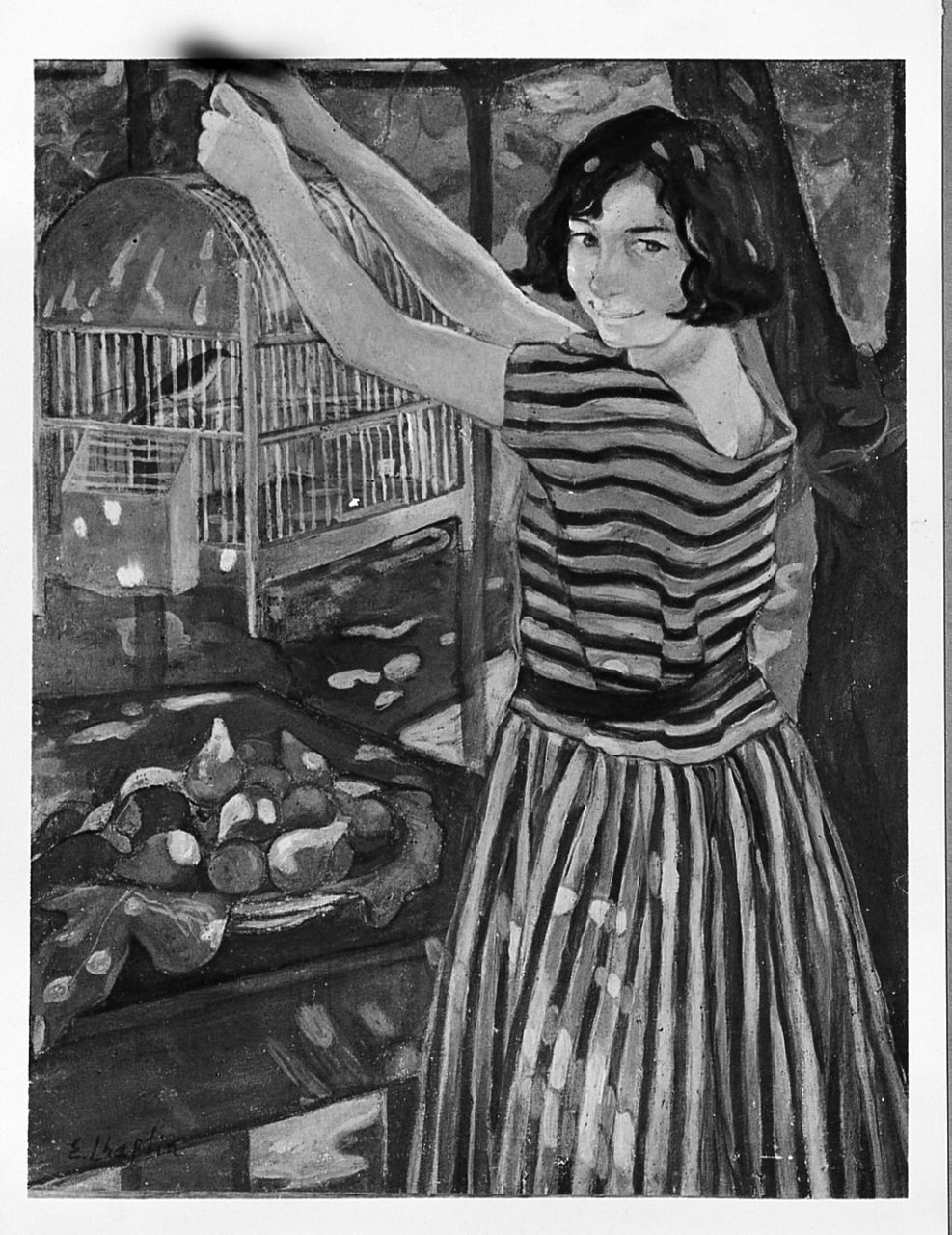 ritratto di Nenette con gabbia di usignolo, ritratto di donna (dipinto) di Chaplin Elisabeth (sec. XX)