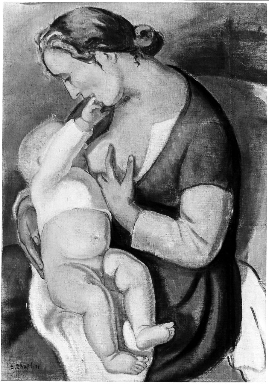 Maternità, giovane madre con infante (dipinto) di Chaplin Elisabeth (sec. XX)