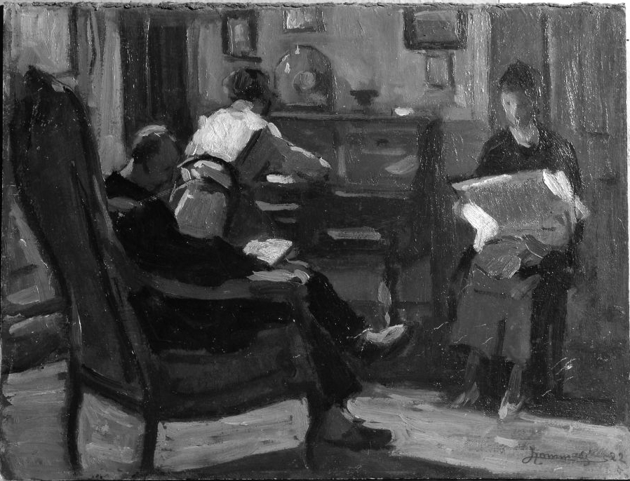In famiglia, scena familiare (dipinto) di Tommasi Lodovico (sec. XX)