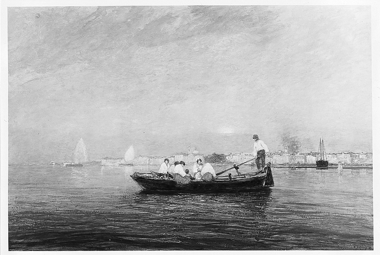 Il traghetto, paesaggio marino con barche (dipinto) di Fragiacomo Pietro (sec. XX)