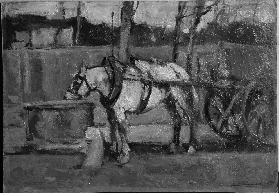 Abbeveratoio, scena campestre (dipinto) di Tommasi Lodovico (fine sec. XIX)