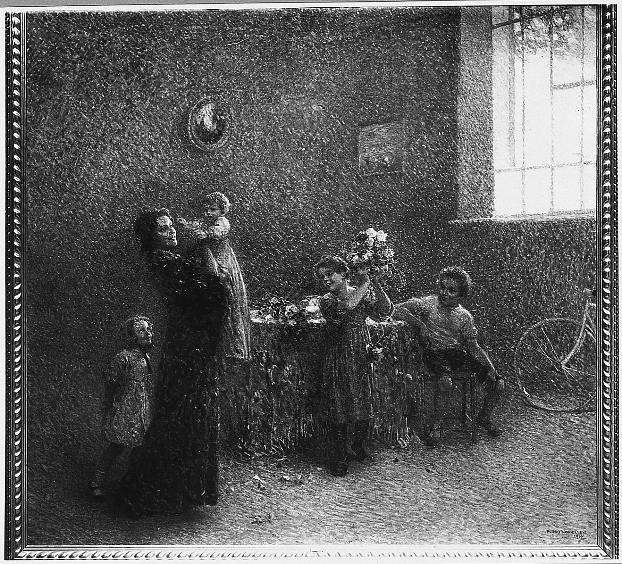 La famiglia (Primo compleanno), interno con figure (dipinto) di Nomellini Plinio (sec. XX)