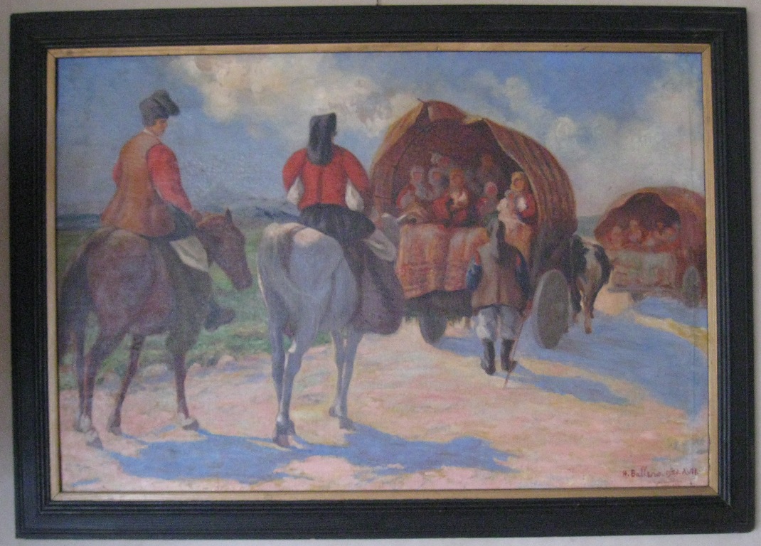 Verso Gonare, figure maschili e femminili a cavallo e su carri (dipinto) di Ballero Antonio (sec. XX)