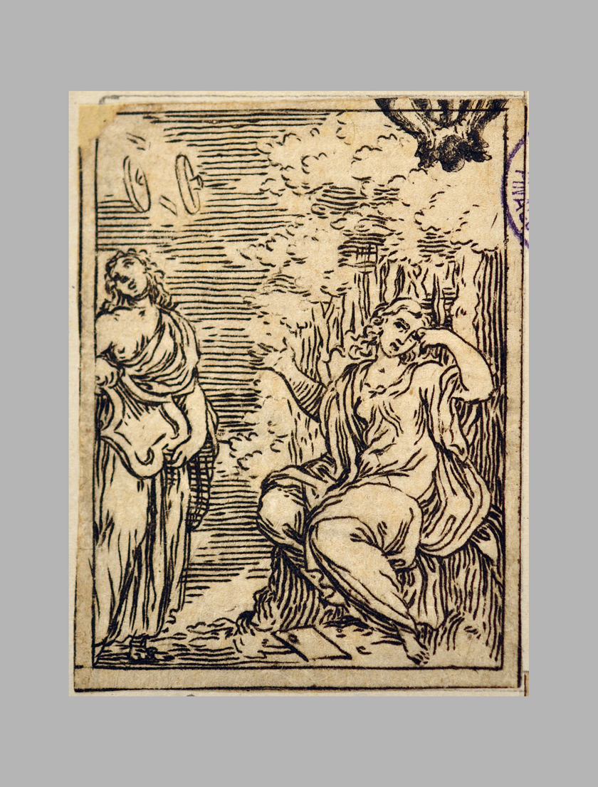 Pittura e Poesia piangono la morte di Agostino Carracci, allegoria della poesia (stampa smarginata) di Reni Guido, Brizio Francesco (sec. XVII)