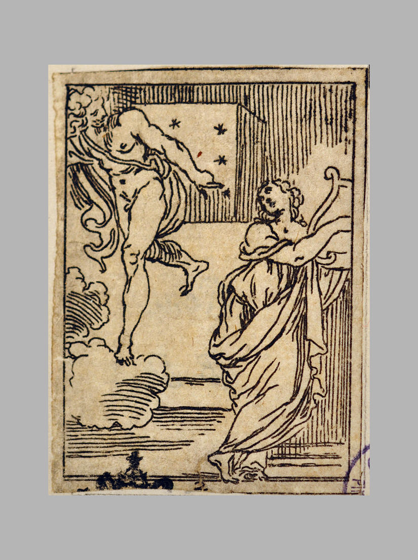 La Pittura celebra con la Lira le lodi di Agostino Carracci ad Apollo, Apollo (stampa smarginata) di Reni Guido, Cavedoni Giacomo (sec. XVII)