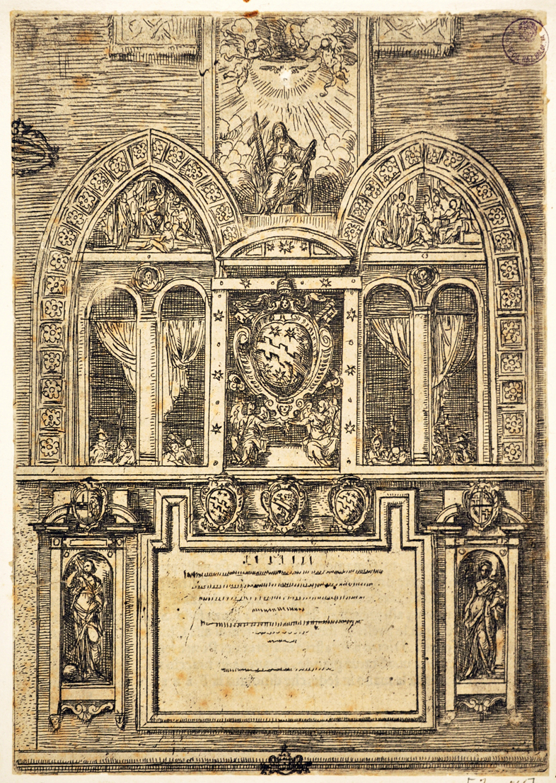 Facciata del palazzo del Senato, veduta di un palazzo (stampa smarginata) di Reni Guido (sec. XVI)