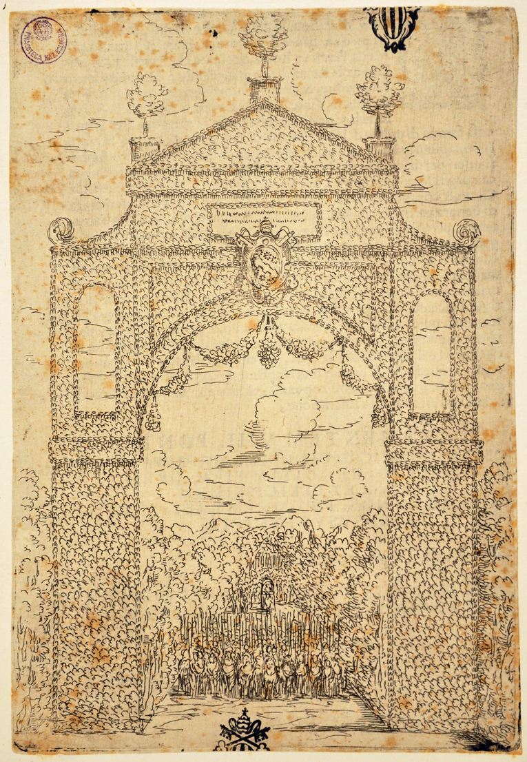 Arco trionfale di fogliame e cavalieri, veduta di città (stampa smarginata) di Reni Guido (sec. XVI)
