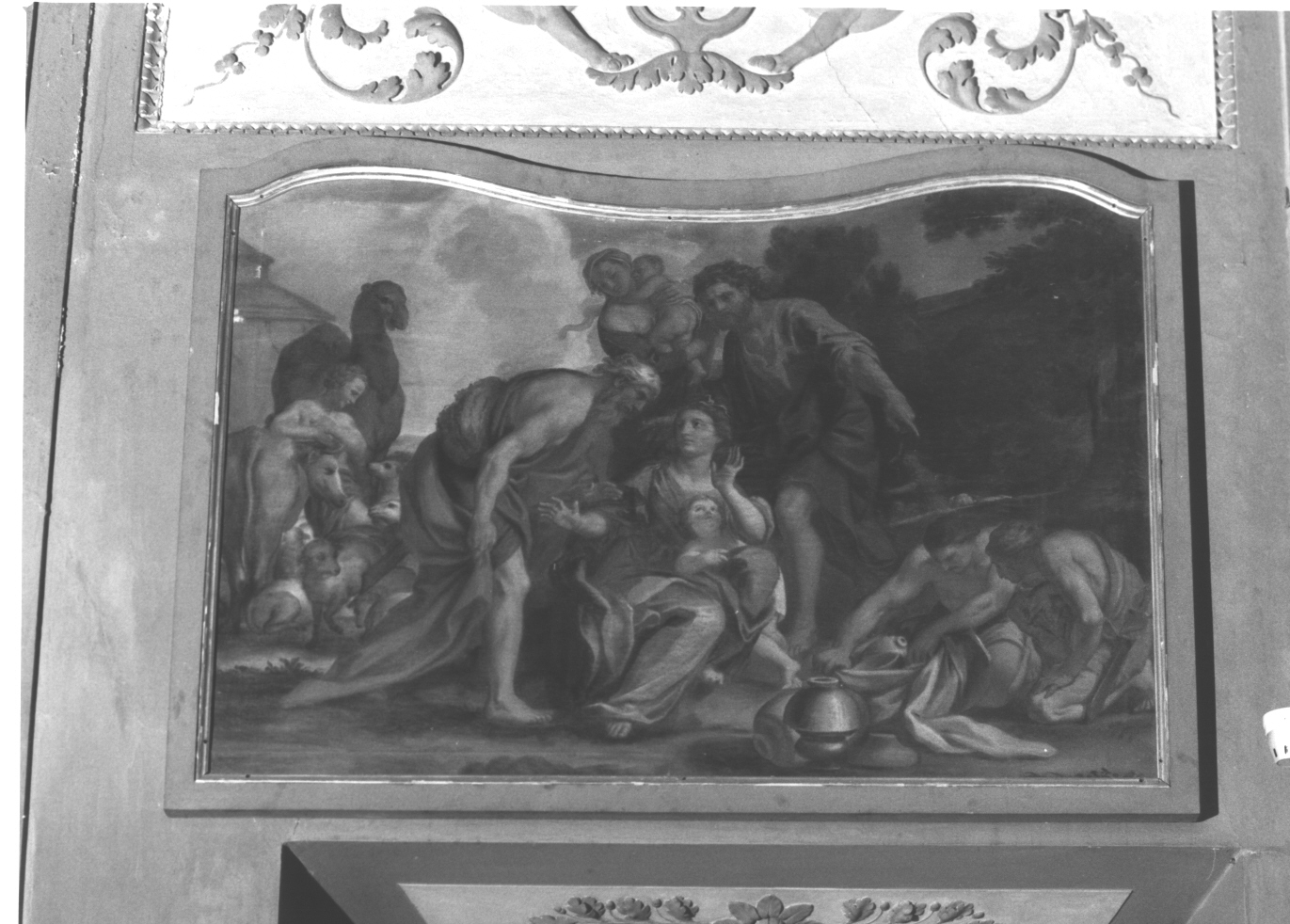 Rachele nasconde gli idoli, Rachele nasconde gli idoli (dipinto, opera isolata) di Parodi Domenico (attribuito) (secondo quarto sec. XVIII)