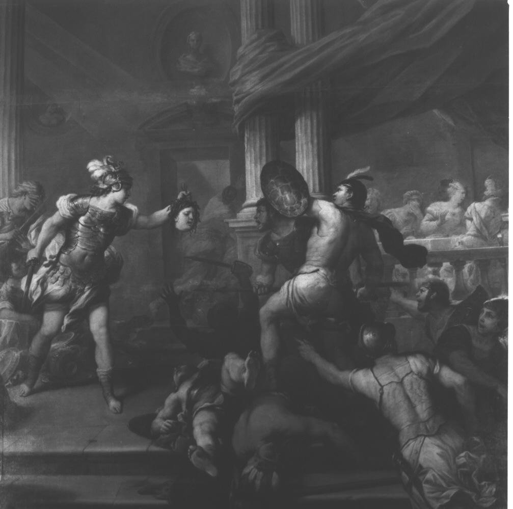 Lotta tra Perseo e Fineo, Fineo irrompe al banchetto di nozze di Perseo e Andromeda (dipinto, pendant) di Giordano Luca (ultimo quarto sec. XVII)