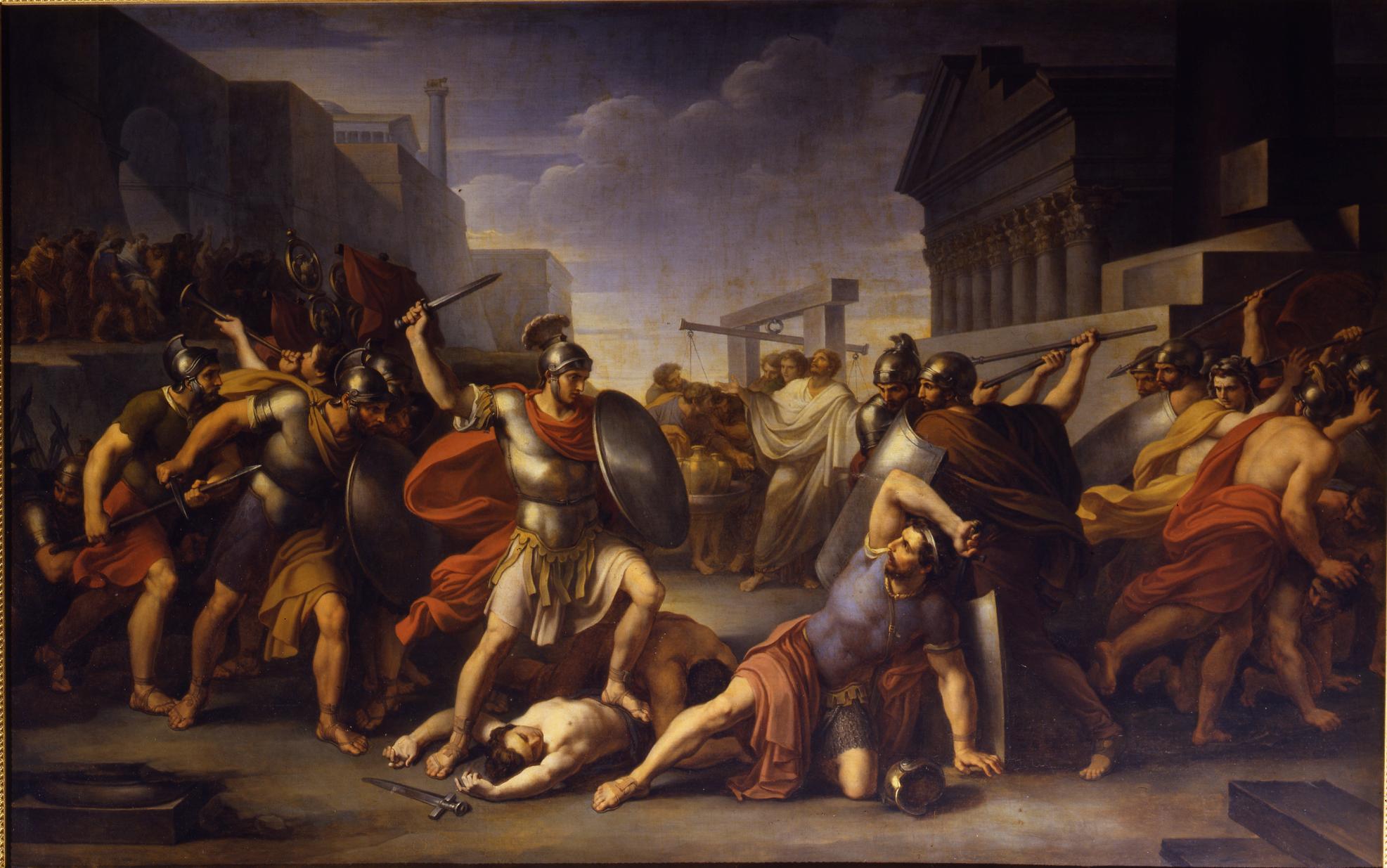Furio Camillo scaccia i Galli dal Campidoglio, scena di battaglia (dipinto, opera isolata) di Camuccini Vincenzo (inizio sec. XIX)