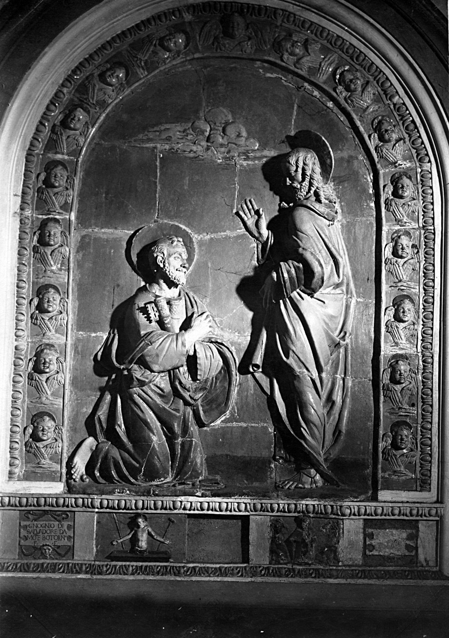 Badia Tedalda - fraz. Fresciano - chiesa di S. Pietro; dossale d'altare; Gesù e san Pietro, terracotta (negativo) di Della Robbia Andrea (scuola), Gabinetto fotografico del Polo Museale Fiorentino (laboratorio) (primo quarto XX)