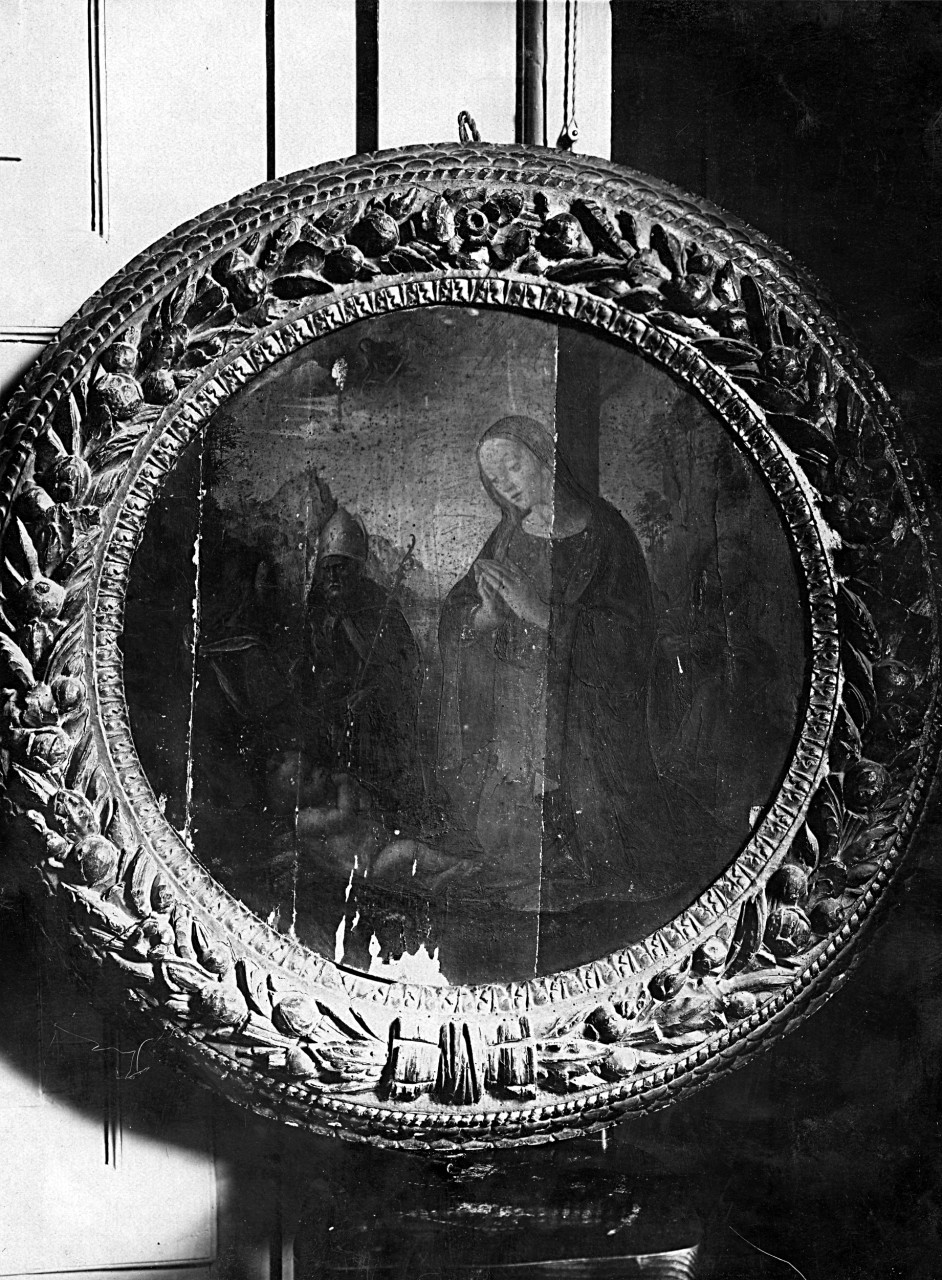 Castiglion Fiorentino - Pinacoteca - Vergine in adorazione del Bambino con San Giuseppe e Santo Vescovo; olio su tavola (negativo) di Maestro di Santo Spirito, Gabinetto fotografico del Polo Museale Fiorentino (laboratorio) (primo quarto XX)